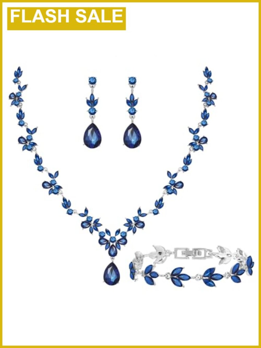 Silver Plated Crystal Floral Jewelry Set Necklace Earrings Bracelet Wedding Prom